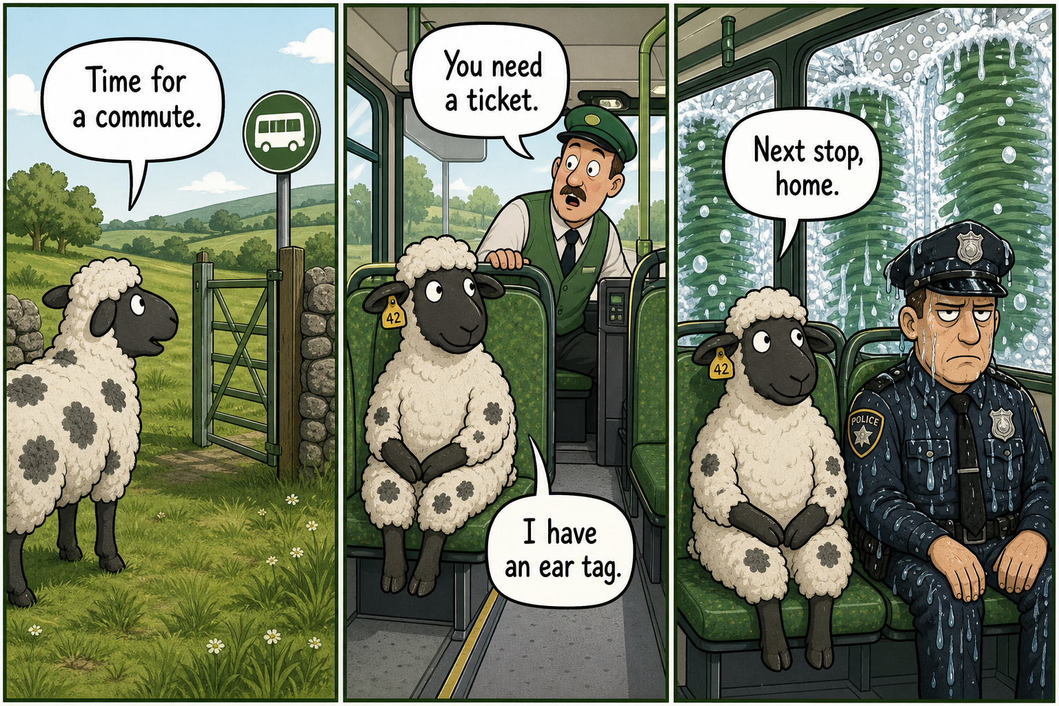 Three-panel comic. Spotted sheep leaves a pasture, sits on a bus with an ear-tag joke, rides a bus wash next to a soaked officer.