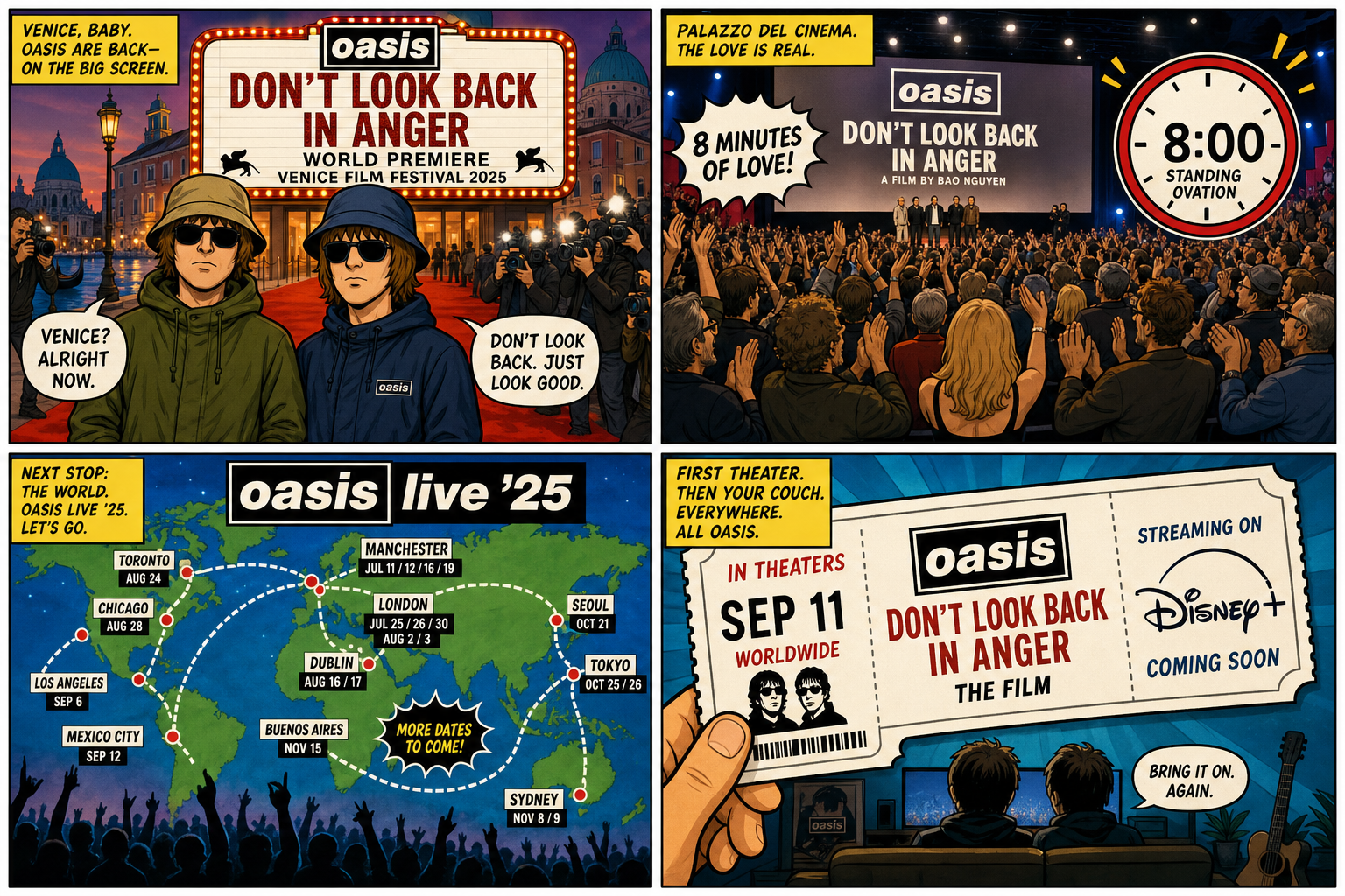 Four-panel full-color music-culture comic with cartoon stand-ins, not celebrity portraits. Panel 1: Venice premiere marquee Don't Look Back in Anger. Panel 2: eight-minute standing ovation. Panel 3: Oasis Live 25 reunion tour vibe. Panel 4: theaters Sep 11 then Disney+.