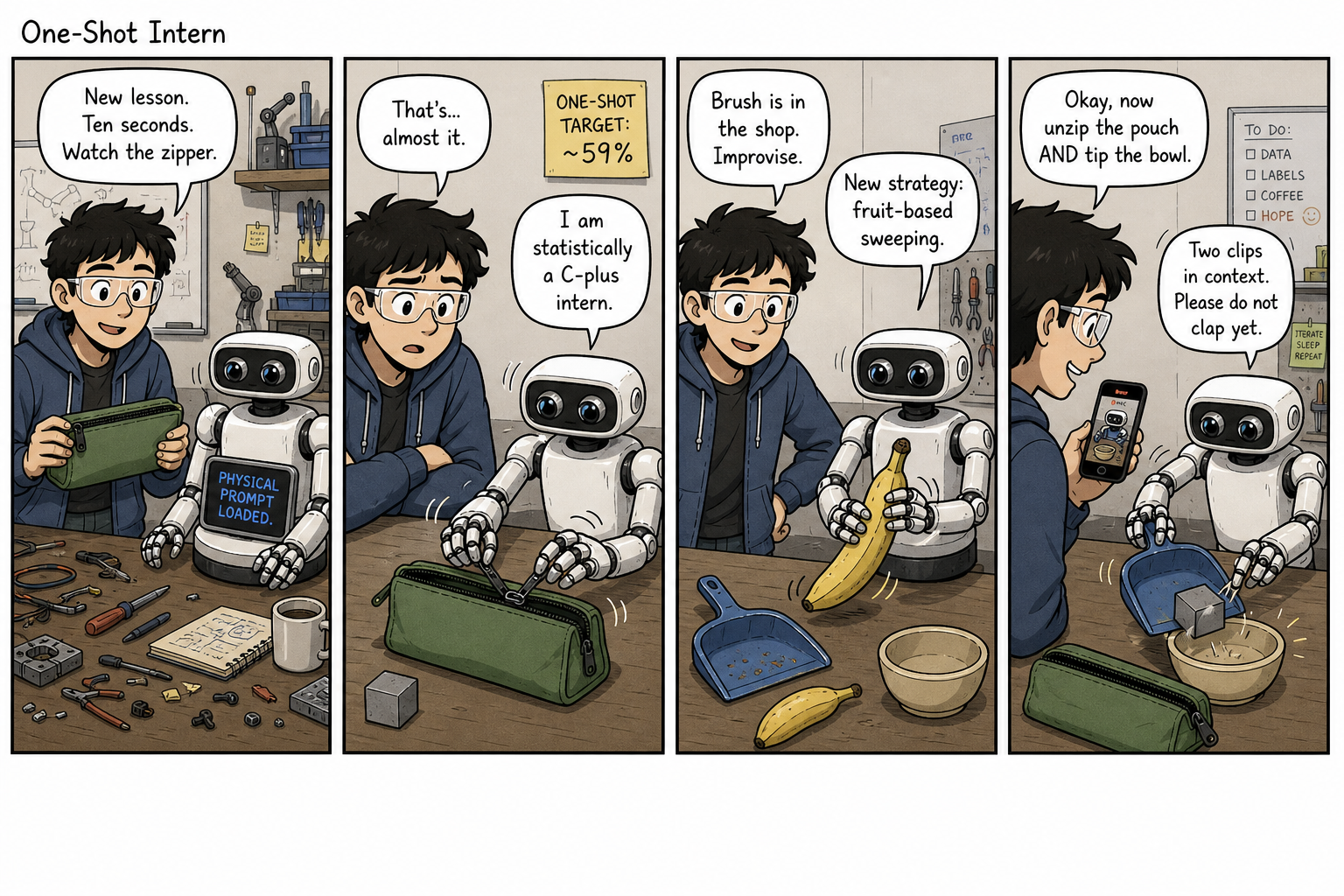 Four-panel comic. A tech loads a zipper demo; the robot half-opens a pouch at ~59%; it improvises with a banana; two clips in context.
