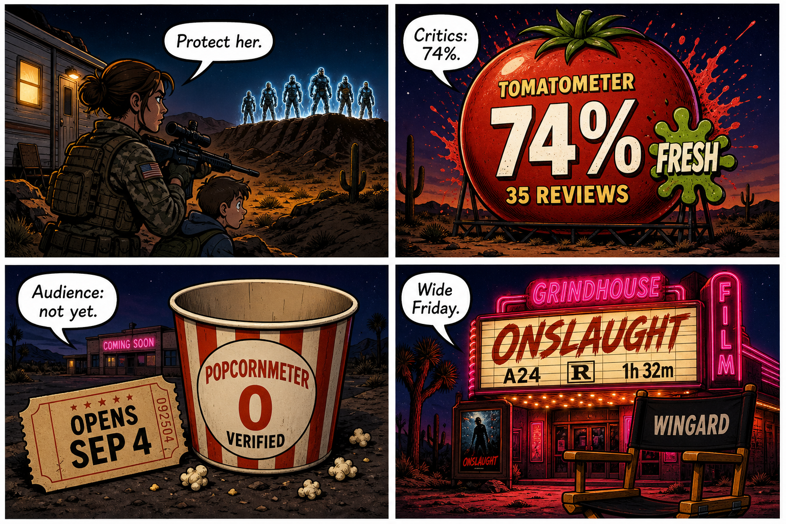 Four-panel full-color movie-score comic. Panel 1: a ripe 74% Tomatometer with 35 reviews. Panel 2: an empty popcorn bucket labeled 0 verified audience scores. Panel 3: a blank Critics Consensus sticky, none printed yet. Panel 4: a movie ticket, Onslaught, R, 1 hour 32 minutes, A24, opens Friday Sept. 4, Adam Wingard.