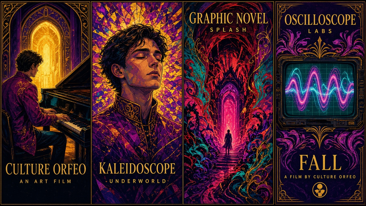 Four-panel full-color culture comic with cartoon stand-ins never celebrity likenesses. Panel 1: cartoon pianist at a grand piano under a glowing golden arch labeled Culture Orfeo. Panel 2: trance portrait against stained-glass kaleidoscope underworld. Panel 3: lone silhouette walking a dark cavern toward a purple doorway. Panel 4: Oscilloscope Labs retro TV stamped Fall Coming Soon.
