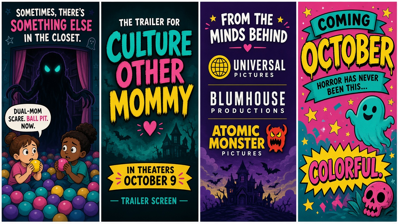 Four-panel full-color culture comic with cartoon stand-ins never celebrity likenesses. Panel 1: cartoon closet door cracked open with eerie glow. Panel 2: dual cartoon mother and Other Mommy entity silhouettes facing a child stand-in. Panel 3: unsettling ball-pit motif from the trailer. Panel 4: Universal Coming Soon marquee reading Other Mommy October 9.