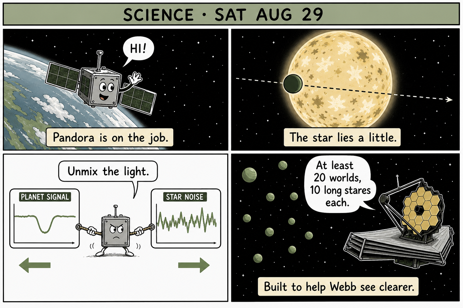 Four-panel science comic: a friendly small satellite in orbit, a spotted star with a transiting planet, graphs of planet signal versus star noise being pulled apart, then many worlds lined up to help the James Webb Space Telescope.