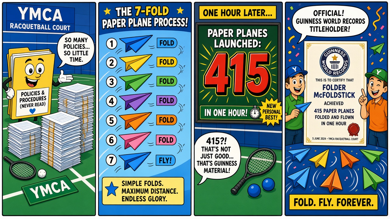 Four-panel full-color humor comic with cartoon stand-ins never likenesses. Panel 1: cartoon paper stacks on a YMCA racquetball court. Panel 2: seven-step paper-airplane fold chart ending in fly. Panel 3: scoreboard reading 415 paper planes in one hour. Panel 4: cartoon celebration with a Guinness World Records certificate stand-in.