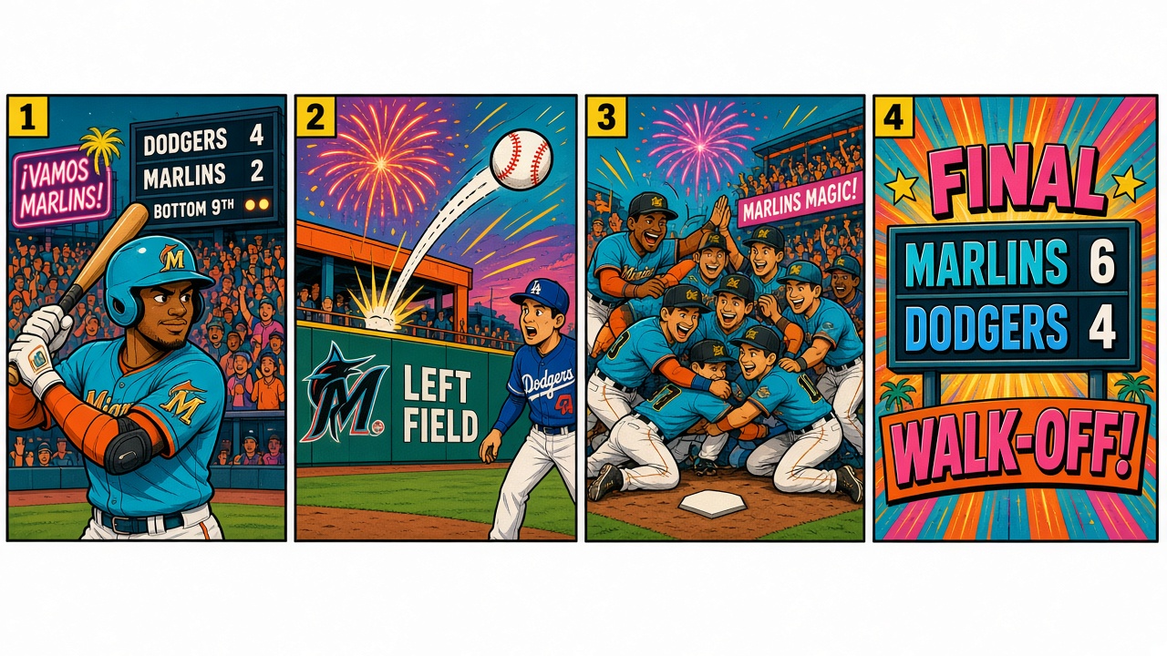 Four-panel full-color sports comic with cartoon ballplayers, not likenesses. Panel 1: cartoon Marlins leadoff hitters beating out infield singles in the ninth. Panel 2: tying two-run double clearing the gap. Panel 3: pinch-hitter launching a walk-off two-run home run to left-center. Panel 4: Marlins 6 Dodgers 4 final scoreboard after a four-run ninth.