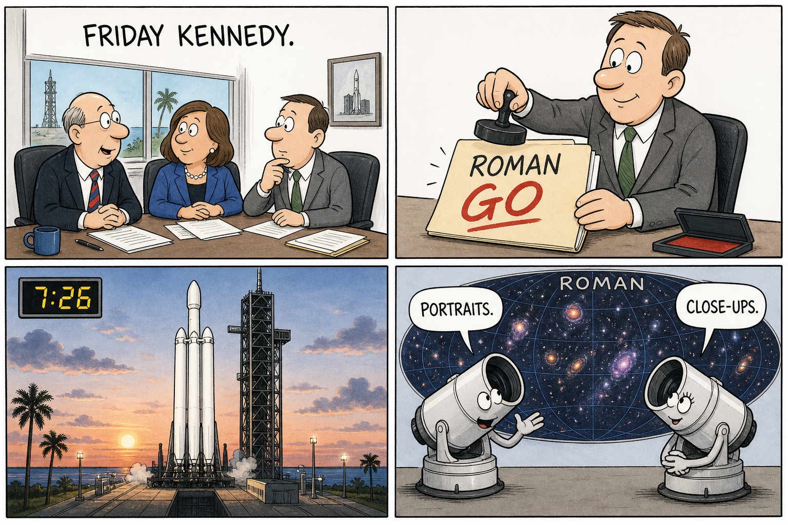 Four-panel comic. Friday review at Kennedy; a GO stamp on a Roman folder; a Falcon Heavy on the pad at 7:26; two cartoon telescopes say portraits and close-ups over a wide sky map.