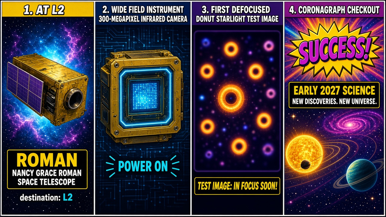 Four-panel full-color science comic. Panel 1: Nancy Grace Roman Space Telescope cruising toward Sun-Earth L2. Panel 2: Wide Field Instrument 300-megapixel infrared camera activating after cooldown. Panel 3: first starlight test showing out-of-focus donut stars with detector array still stowed. Panel 4: coronagraph initial checkout board noting Caltech/IPAC commanding and thermal about 72 degrees Fahrenheit.