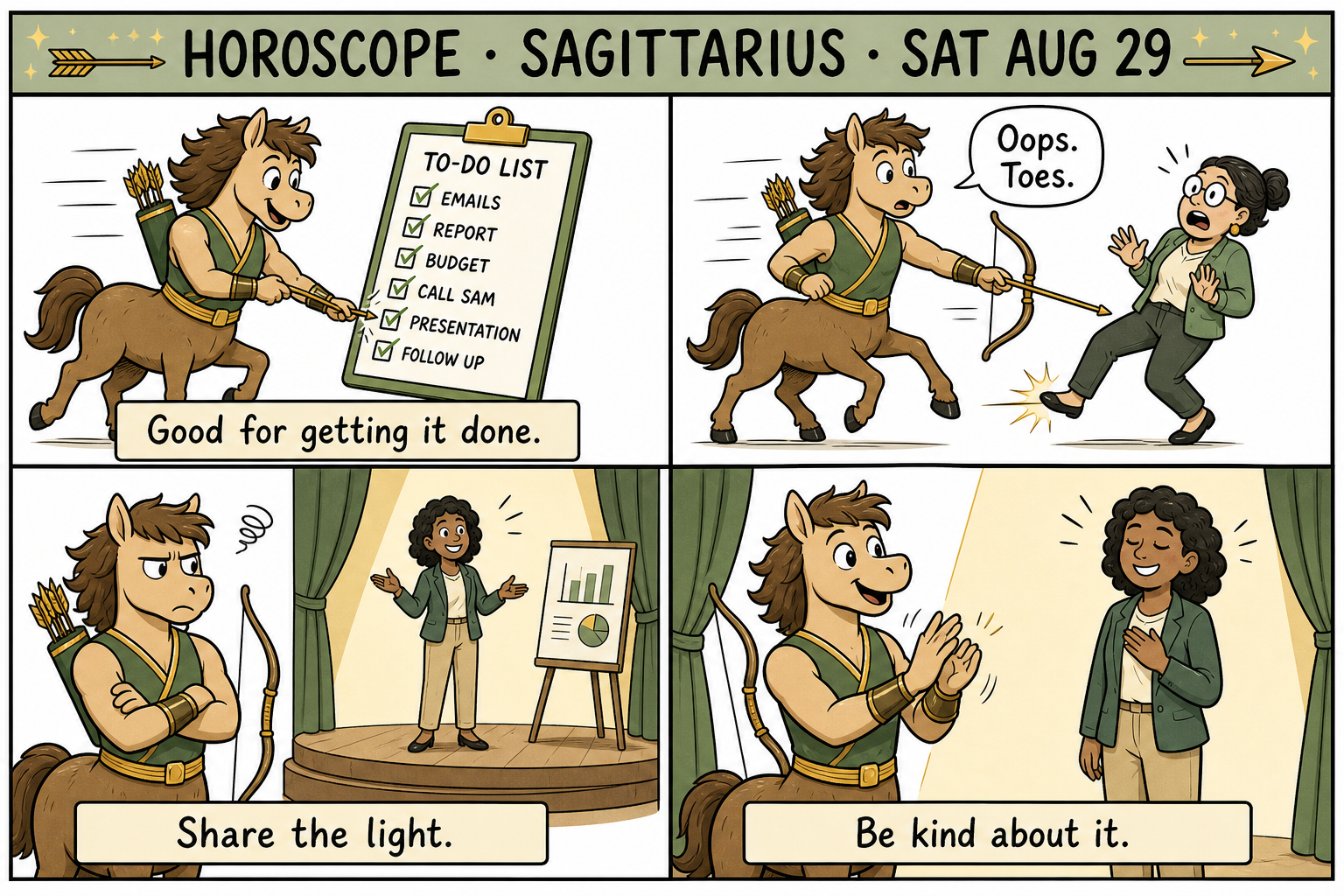 Four-panel Sagittarius comic: a cartoon archer checks off a to-do list, accidentally pokes a coworker’s shoe, looks grumpy when someone else takes the spotlight, then claps for them.