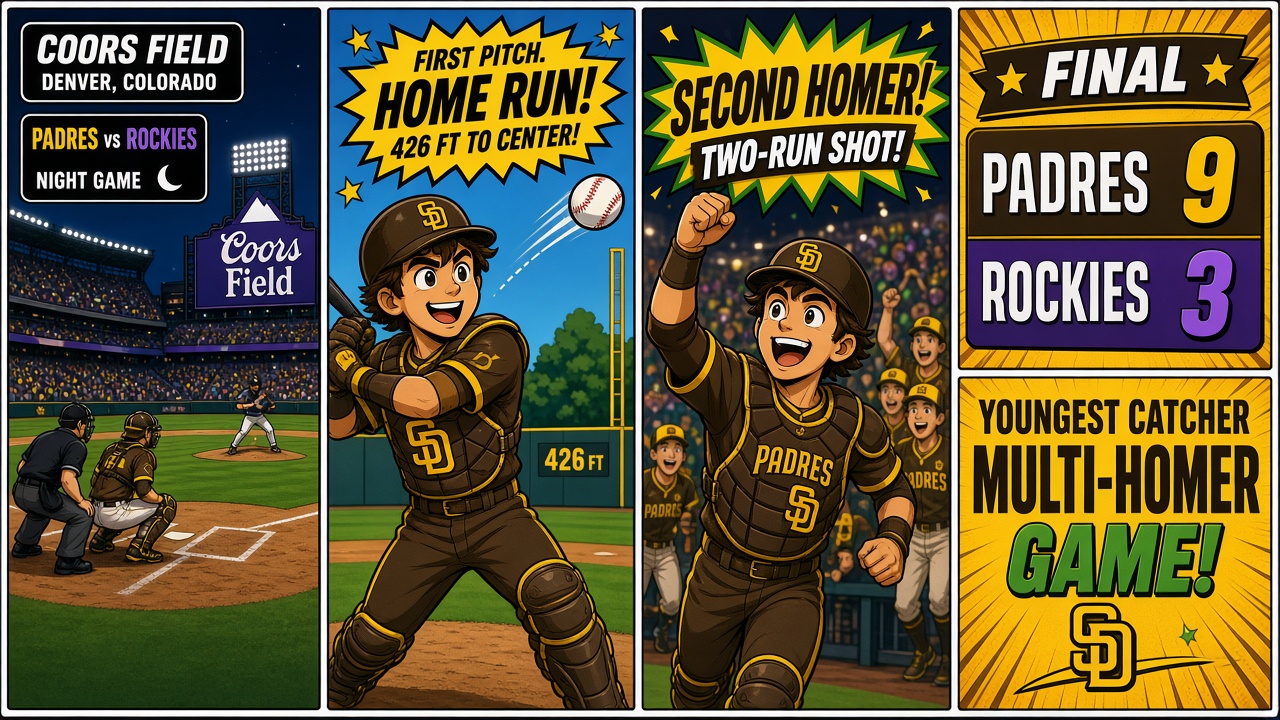 Four-panel full-color sports comic with cartoon ballplayers, not likenesses. Panel 1: Coors Field scoreboard vibe for Padres at Rockies. Panel 2: cartoon catcher crushing a first-pitch home run deep to center. Panel 3: dugout multi-homer celebration under a CRACK burst. Panel 4: Padres 9 Rockies 3 final board.