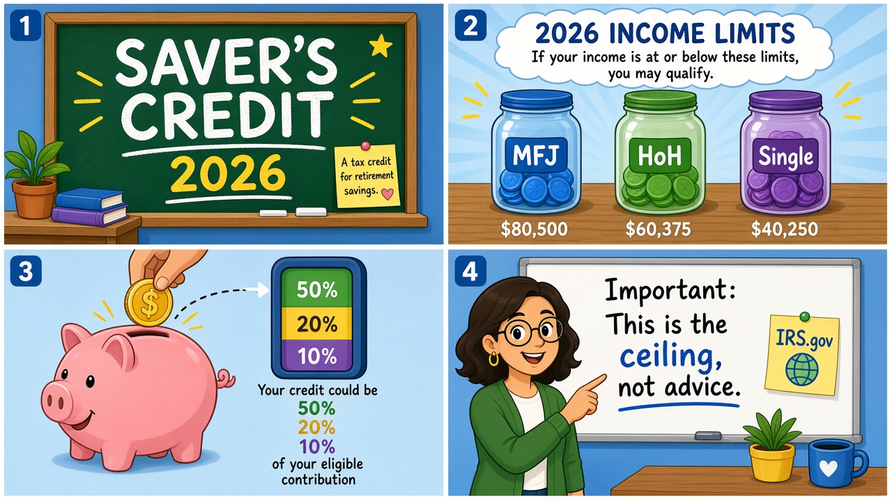 Four-panel full-color educational finance comic. Panel 1: Saver's Credit 2026 chalkboard. Panel 2: AGI jars $80,500 MFJ, $60,375 HoH, $40,250 single. Panel 3: piggy and 50/20/10 meter. Panel 4: ceiling not advice.
