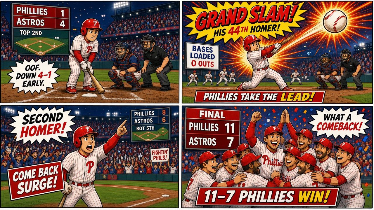Four-panel full-color sports comic with cartoon ballplayers, not likenesses. Panel 1: early Astros lead fireworks. Panel 2: two-run single ties it in the third. Panel 3: grand slam caps a six-run sixth for majors-leading HR 44. Panel 4: Phillies 11 Astros 7 scoreboard.
