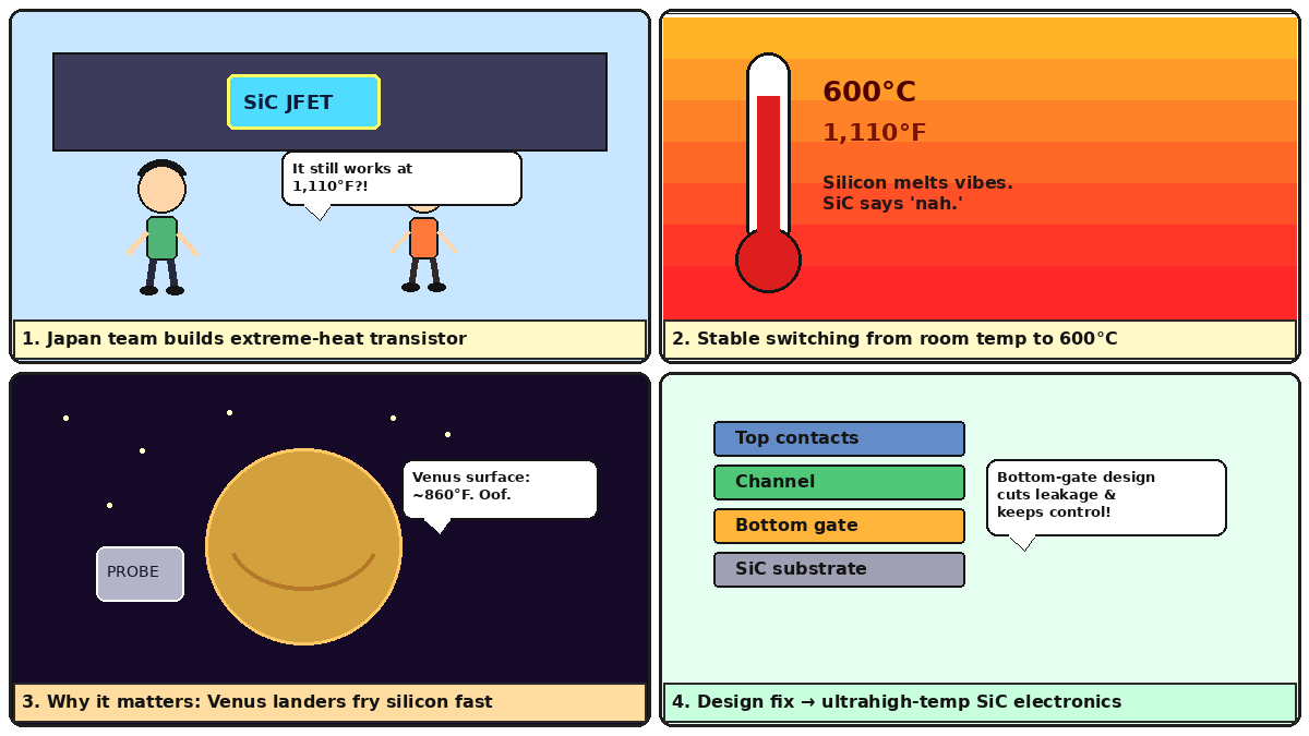 Four-panel full-color comic of a heat-proof silicon carbide transistor, extreme temperature test, Venus lander context, and layered bottom-gate device design.