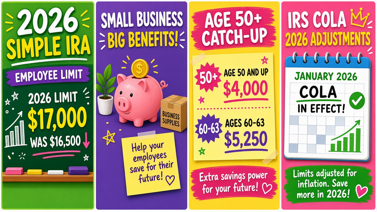 Four-panel full-color educational finance comic. Panel 1: chalkboard marking 2026 SIMPLE IRA employee limit $17,000 was $16,500. Panel 2: pink piggy bank and sticky note about small-business employee savings. Panel 3: age 50+ catch-up $4,000 and ages 60–63 higher catch-up $5,250 card. Panel 4: January 2026 IRS COLA calendar stamped educational plan-ahead timeline.