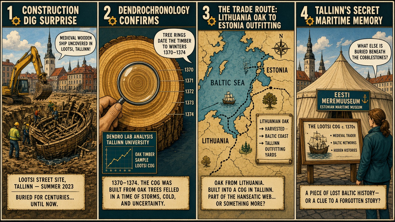 Four-panel full-color pop-history comic. Panel 1: construction excavator uncovering a medieval wooden cog hull in Tallinn. Panel 2: magnifying glass over oak tree rings dated 1370 to 1374. Panel 3: Baltic map tracing Lithuanian oak to Tallinn outfitting. Panel 4: Estonian Maritime Museum tent and Lootsi cog placard.