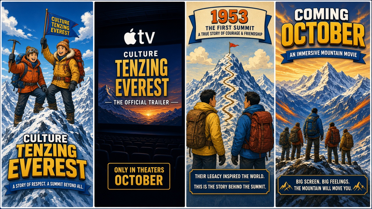 Four-panel full-color culture comic with cartoon stand-ins never celebrity likenesses. Panel 1: Mount Everest ridge under cold alpine light. Panel 2: two cartoon climber silhouettes on a 1953 summit route. Panel 3: Telluride and Toronto 2026 festival premiere board. Panel 4: Coming Soon marquee reading theaters October 9 then Apple TV October 16.