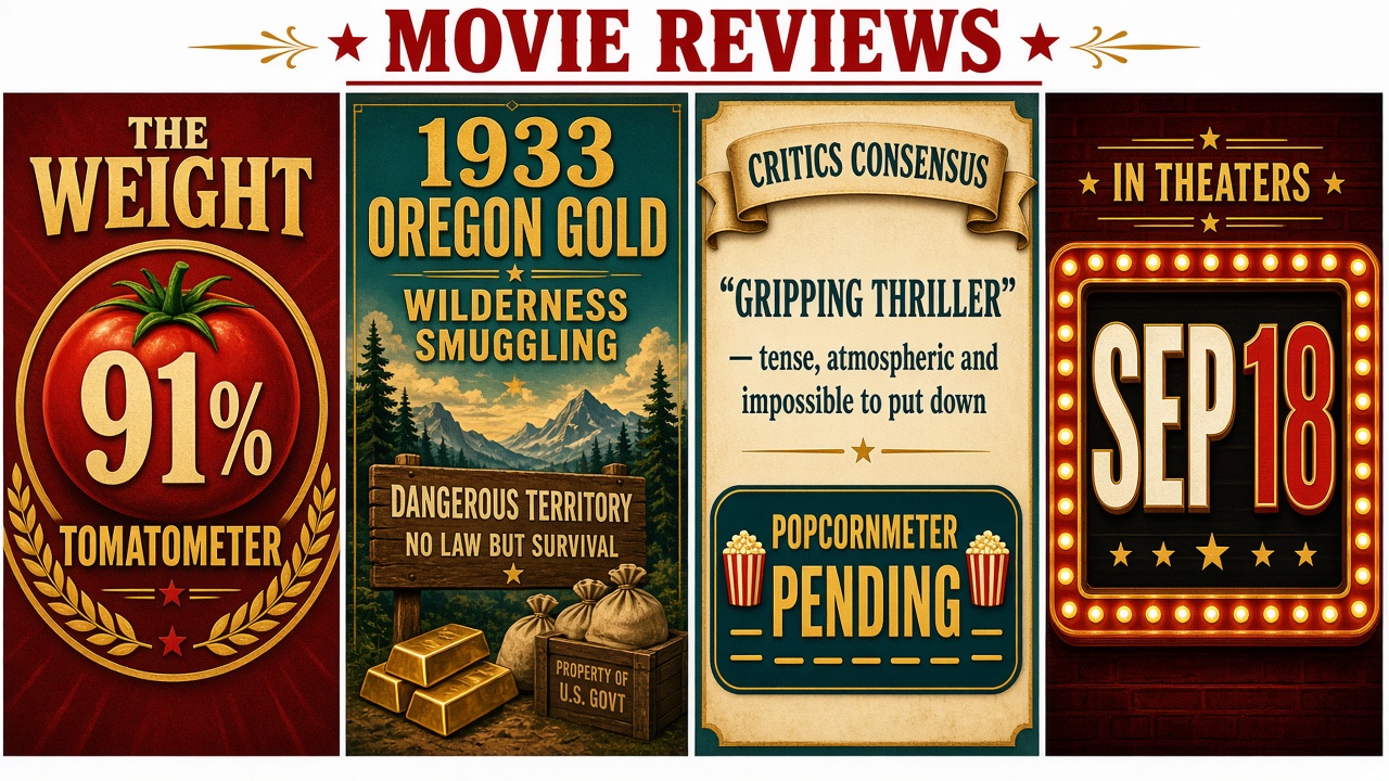 Four-panel full-color movie-score comic, cartoon stand-ins never likenesses. Panel 1: cartoon 1933 Oregon work-camp prisoners under gray sky. Panel 2: wilderness gold-smuggle trek with cartoon packs. Panel 3: theater stub dated September 18. Panel 4: scoreboard showing 91 percent Tomatometer from 46 reviews and Popcornmeter pending.