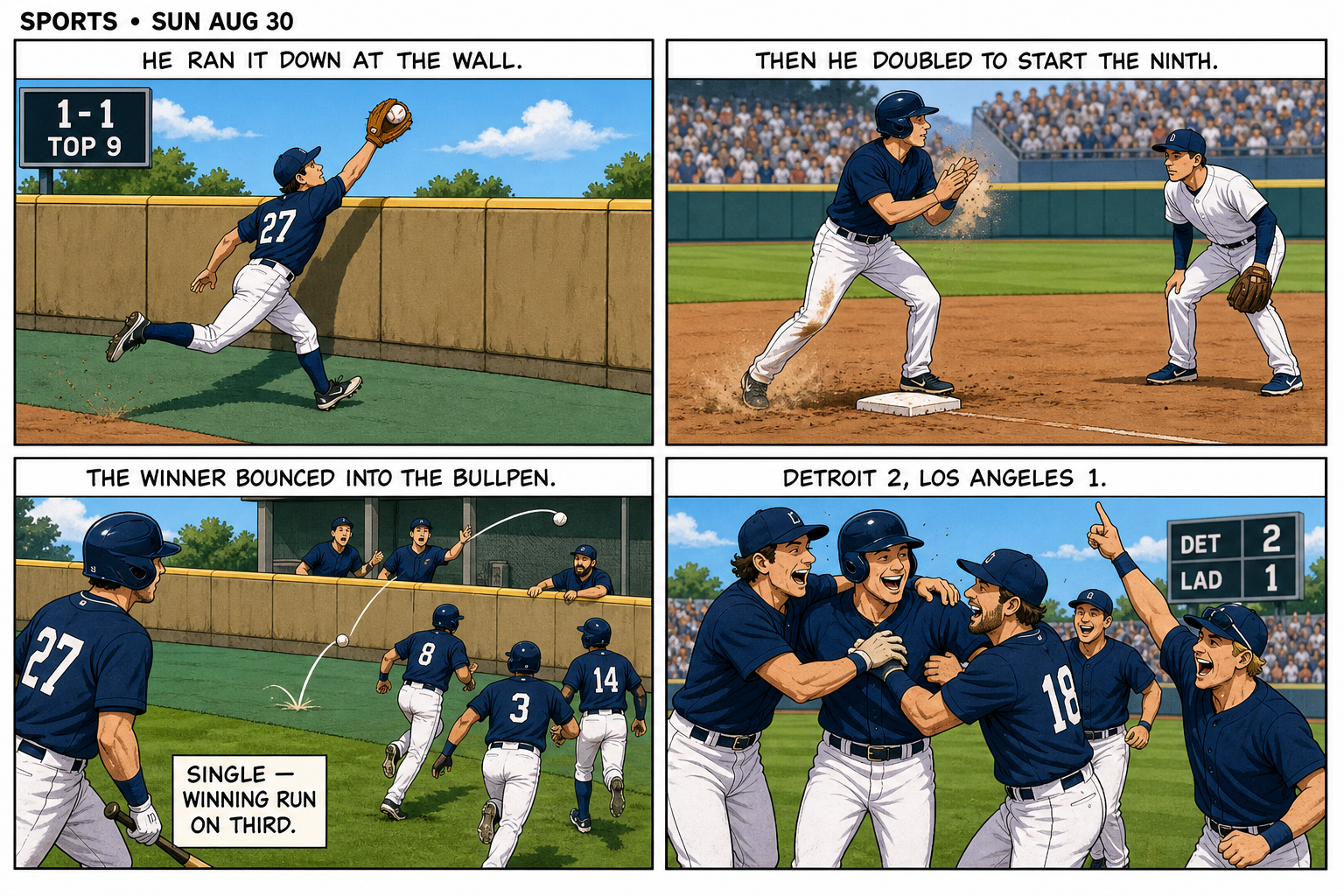 Four-panel comic: a left fielder makes a running catch at the warning track, then doubles to start the ninth, a batter’s drive bounces over the wall as a walk-off single, scoreboard reads DET 2 LAD 1.