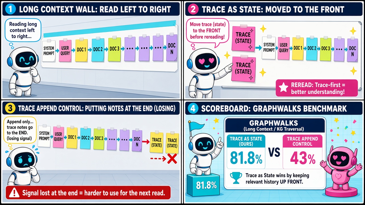 Four-panel full-color AI comic. Panel 1: robot facing a long-context maze. Panel 2: Trace as State places reasoning traces before the context. Panel 3: Trace Append control stacks traces after. Panel 4: 26 of 27 wins scoreboard, GraphWalks Parents 81.8% vs 43%.