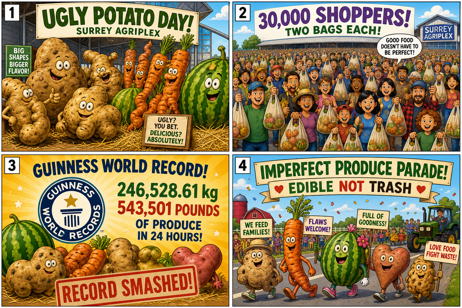 Four-panel full-color humor comic. Panel 1: cartoon ugly potatoes and carrots at Surrey Agriplex. Panel 2: huge crowd with two bags each. Panel 3: Guinness stamp 246,528.61 kg. Panel 4: imperfect produce parade, edible not trash.