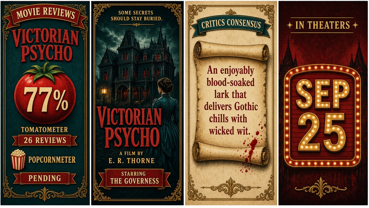Four-panel full-color movie-score comic, cartoon stand-ins never likenesses. Panel 1: scoreboard showing 77 percent Tomatometer from 26 reviews with Popcornmeter pending. Panel 2: cartoon Victorian gothic manor and governess silhouette. Panel 3: Critics Consensus scroll stand-in. Panel 4: theater marquee reading in theaters November 13 2026.