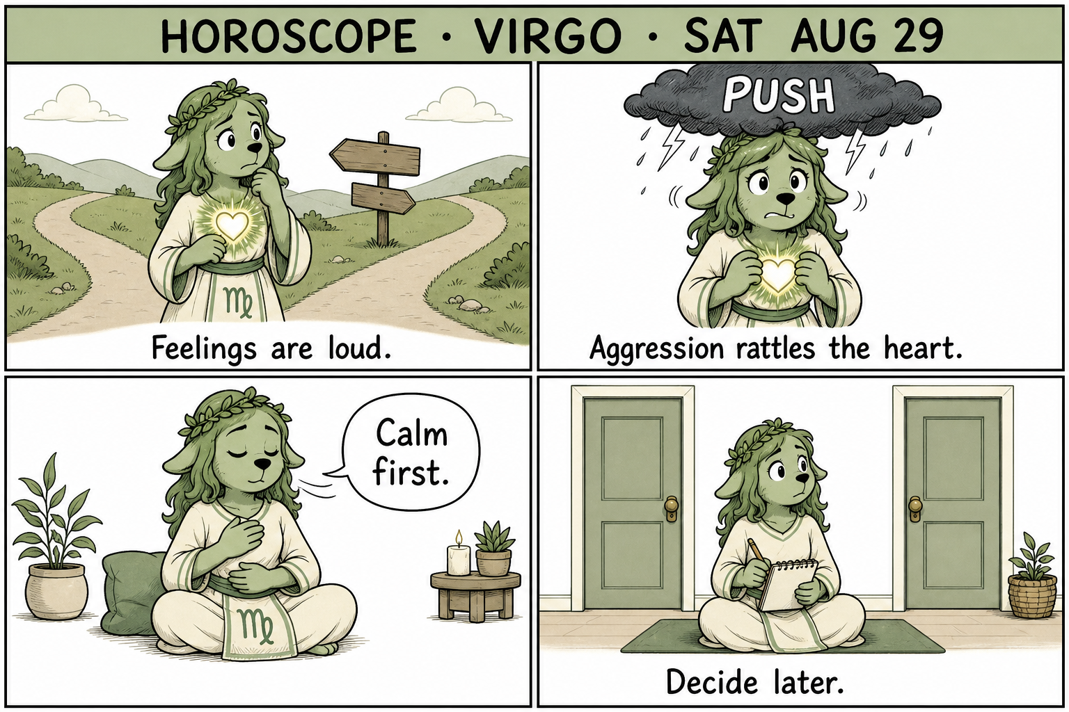 Four-panel Virgo comic: a neat green figure at a fork in the road with a glowing heart, rattled by a PUSH storm cloud, sitting to breathe, then waiting with a notebook between two closed doors.