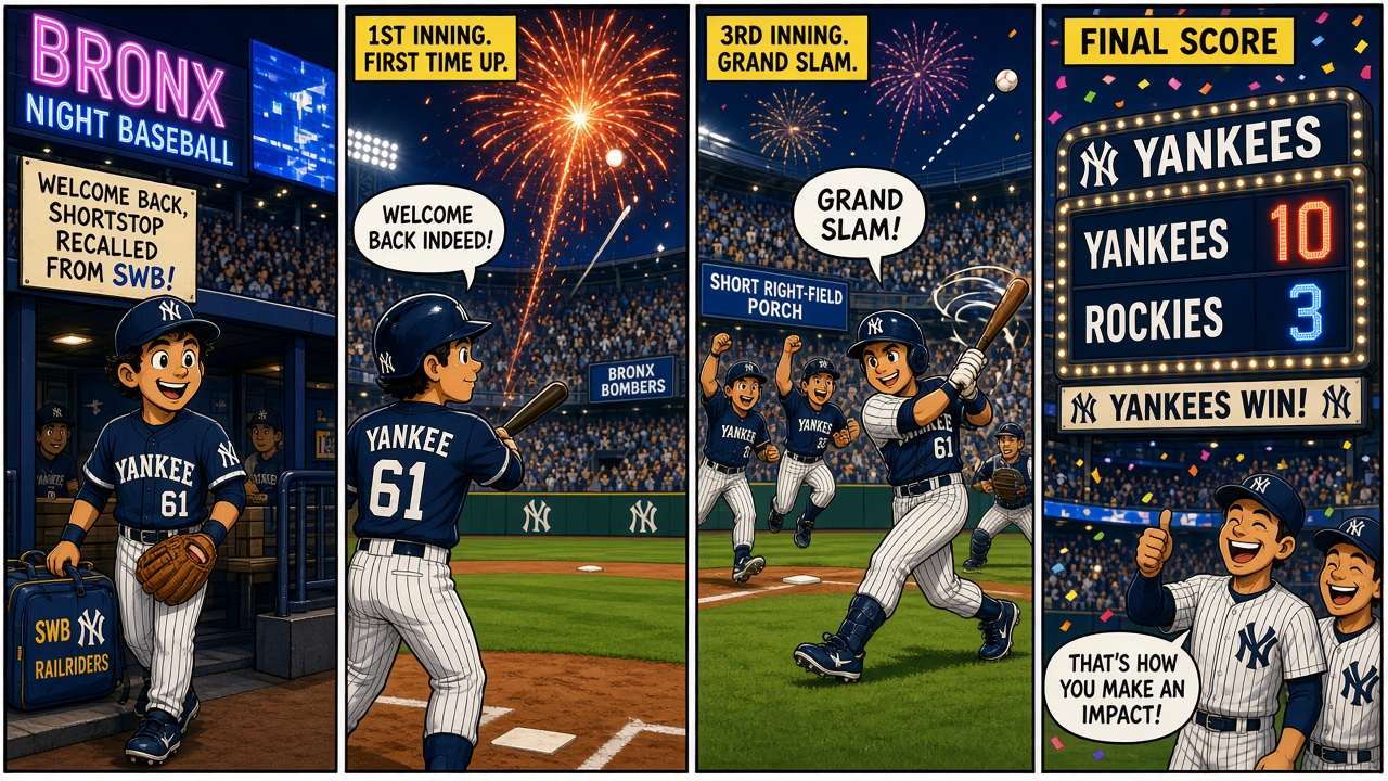 Four-panel full-color sports comic with cartoon ballplayers, not likenesses. Panel 1: early two-run home run fireworks at Yankee Stadium. Panel 2: three-hit night with a two-run single. Panel 3: grand slam clears the bases in the seventh for career-high five RBI. Panel 4: Yankees 10 Rockies 3 sweep scoreboard, within three of Tampa Bay.