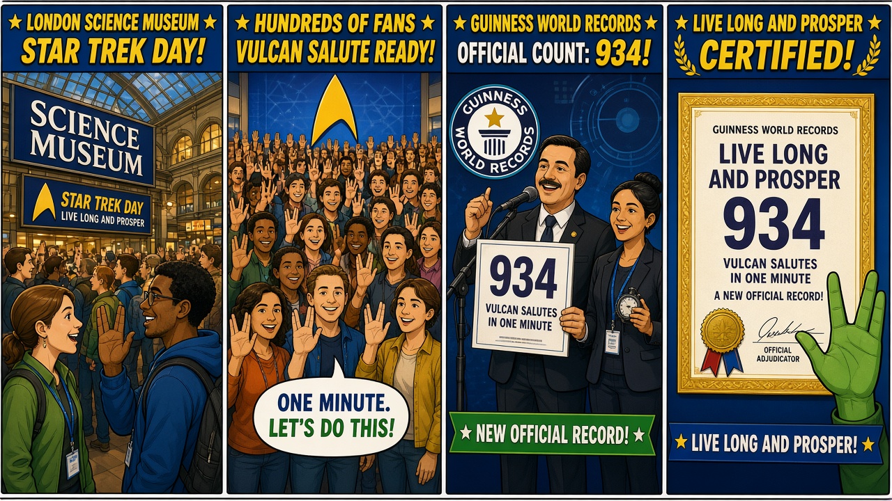 Four-panel full-color humor comic with cartoon stand-ins never likenesses. Panel 1: cartoon crowd at London Science Museum for Star Trek Day. Panel 2: many cartoon hands holding the Vulcan salute. Panel 3: scoreboard reading 934 Vulcan salutes in one minute. Panel 4: cartoon celebration with a Guinness World Records certificate stand-in.