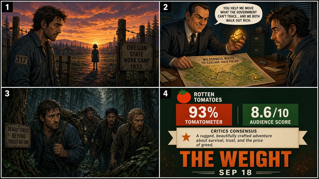 Four-panel full-color movie-score comic, cartoon stand-ins never likenesses. Panel 1: 93% Tomatometer from 40 reviews. Panel 2: Popcornmeter still light, not yet a verified audience score. Panel 3: Critics Consensus sticky quoting The Weight as a gripping hard-hitting thriller. Panel 4: ticket The Weight R 1h 55m Vertical theaters September 18 2026.