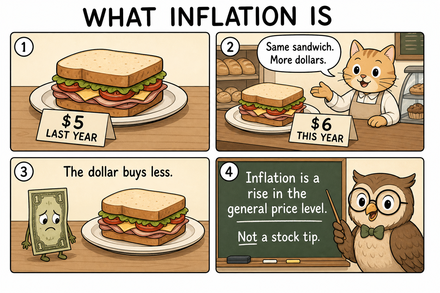 Four-panel educational comic. A sandwich tagged $5 last year and $6 this year; a sad dollar; an owl chalkboard defines inflation as a rise in the general price level.