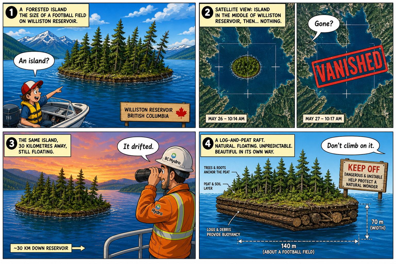 Four-panel full-color unexplained-nature comic. Panel 1: a small forested island floating on teal Williston Reservoir, 140 by 70 meters. Panel 2: a satellite map with an X, island missing. Panel 3: the same treed raft reappearing 30 km away near Ospika. Panel 4: a ranger clipboard, driftwood and peat, high water since 2012, do not climb.